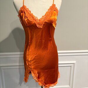 Orange Silk Lace Crisscross Back Split Hem Satin Cami Pajama Night Dress Loungew